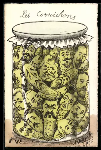 Künstler-AK sign. A. Molnyk: Verschiedene Politiker in einem Gurkenglas