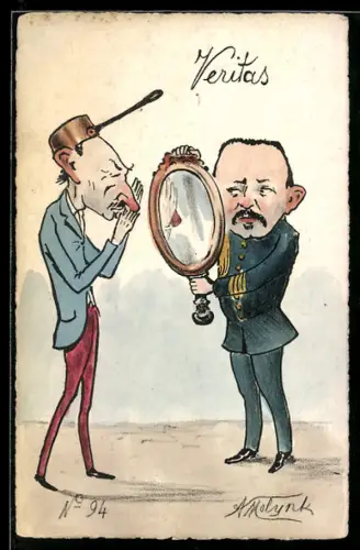 Künstler-AK sign. A. Molnyk: Mann mit roter Nase und einem Kochtopf auf dem Kopf bekommt einen Spiegel vorgehalten