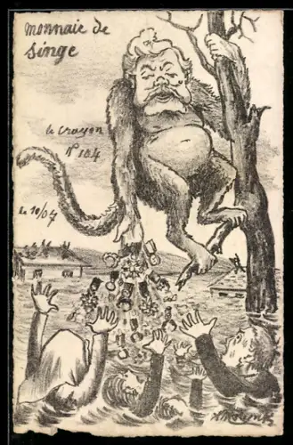 Künstler-AK sign. A. Molnyk: Politiker mit Affenkörper wirft ertrinkenden Orden zu