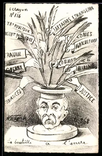 Künstler-AK sign. A. Molynk: Mann als Tintenfass