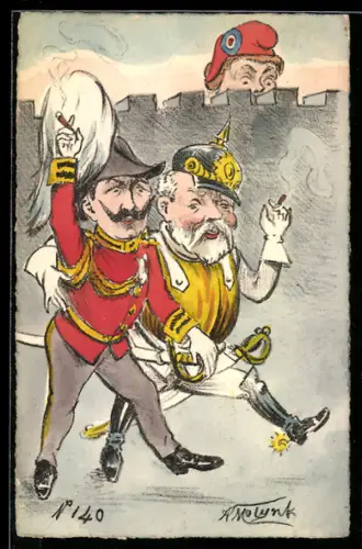 Künstler-AK sign. A. Molnyk: Die französische Republik sieht skeptisch auf das deutsche Kaiserreich