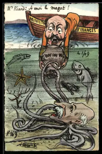 Künstler-AK sign. Molynk: Der französische Finanzminister Picard versucht einen 200-Mio. Franc-Sack zu retten