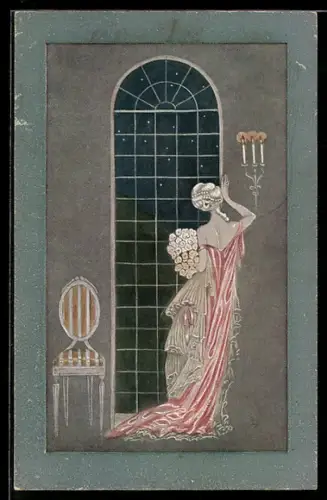 Künstler-AK sign. Dora v. Usedom: Elegante Dame mit Blumenstrauss betrachtet den Nachthimmel durch ein Fenster