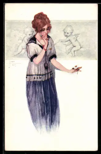 Künstler-AK sign. J. Tam: Hübsche Frau betrachtet eine Margerite in der Hand und wird von Engeln flankiert