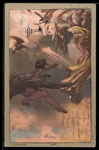 Künstler-AK sign. G. Bevilacqua: Mann reitet auf Vogelschwingen einer Frau hinterher