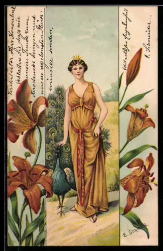 Künstler-AK sign. E. Schienel: Junge Frau im Kleid mit Pfau