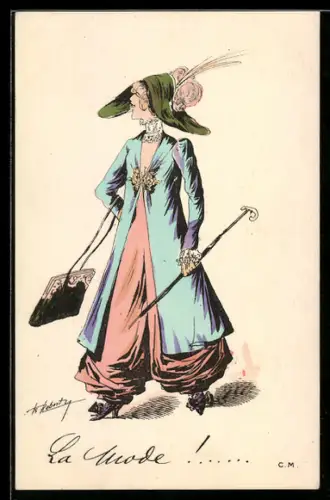Künstler-AK sign. Th. Roberty: Modisch gekleidete Dame mit Handtasche und Gehstock
