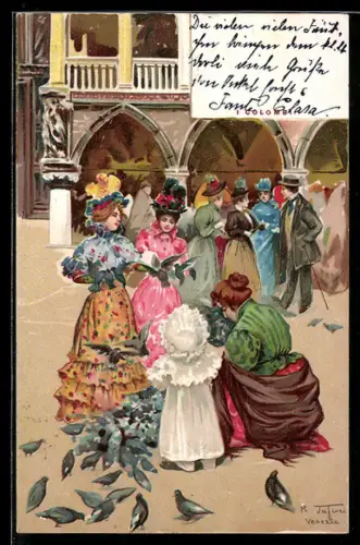 Künstler-AK sign. Tafuri: Venedig / Venezia, Taubenfüttern auf dem Markusplatz