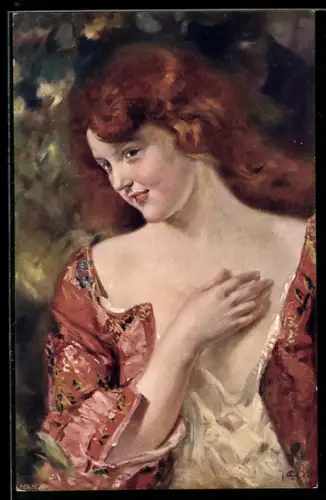 Künstler-AK sign. J. Dedina: Schöne rothaarige Frau im Kleid