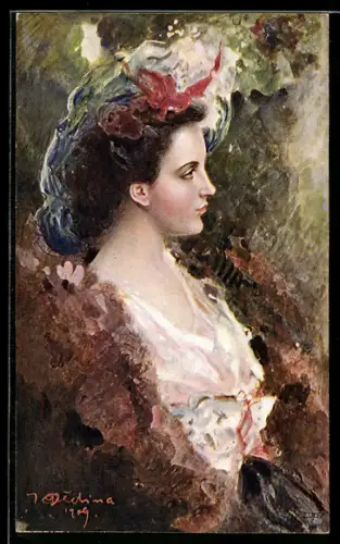 Künstler-AK sign. J. Dedina: Anmutige Dame mit Hut im Profil
