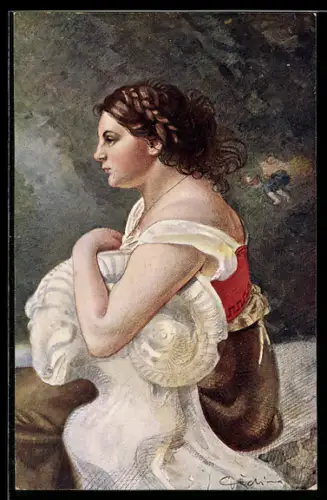 Künstler-AK sign. J. Dedina: Junge Frau lehnt sich auf die Statue eines Ziegenbocks