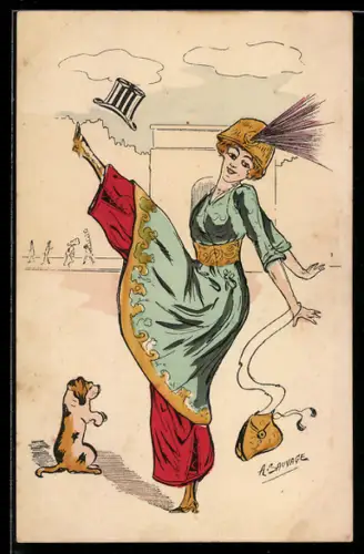 Künstler-AK sign. A. Sauvage: Hübsche Frau tritt einen Zylinder in die Luft und wird von einem Hund beobachtet