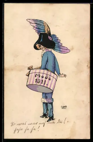 Künstler-AK sign. Perleberg: Hübsche Frau in blauem Outfit mit einem Karton auf dem Arm