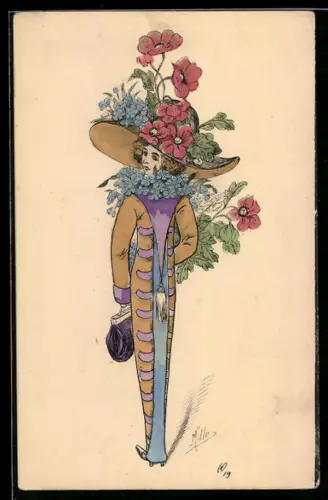 Künstler-AK sign. Mille: Hübsche Frau mit von Blumen dominierter Kleidung