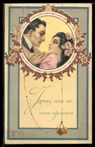 Künstler-AK sign. G. Malugani: Portrait eines eleganten Paares mit Rosen im Passepartout