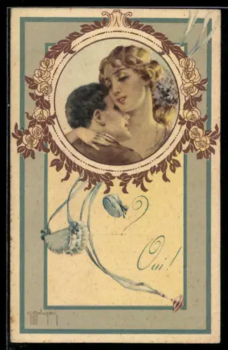 Künstler-AK sign. G. Malugani: Portrait eines verliebten Paares mit Rosen im Passepartout