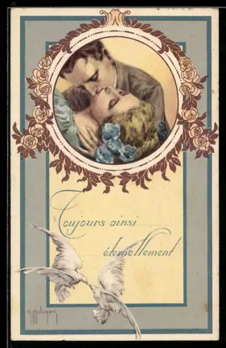 Künstler-AK sign. G. Malugani: Portrait eines verliebten Paares mit Rosen und weissen Tauben im Passepartout