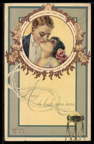 Künstler-AK sign. G. Malugani: Portrait eines sich küssenden Paares mit Rosen im Passepartout