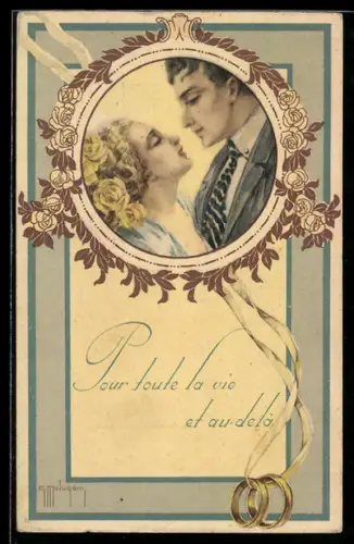 Künstler-AK sign. G. Malugani: Portrait eines eleganten Paares mit Rosen und Eheringen im Passepartout