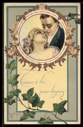 Künstler-AK sign. G. Malugani: Liebespaar im Efeu-Passepartout