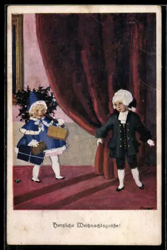 Künstler-AK sign. Susi Singer: Mädchen im Winterkleid und Junge in höfischer Kleidung