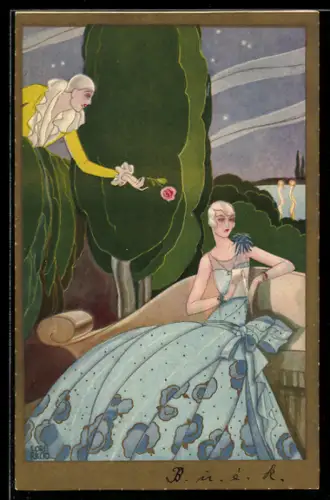Künstler-AK sign. Loris Riccio: Herr reicht einer schönen Dame im blauen Kleid eine Rose