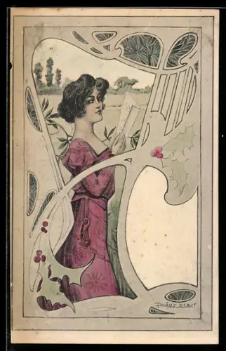 Künstler-AK sign. Jacques Debut: Schöne Frau liest einen Brief, Jugendstil