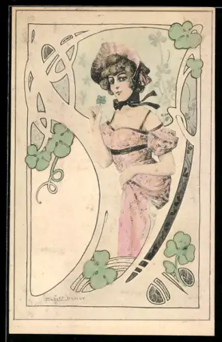 Künstler-AK sign. Jacques Debut: Hübsche Frau von Kleeblättern umgeben