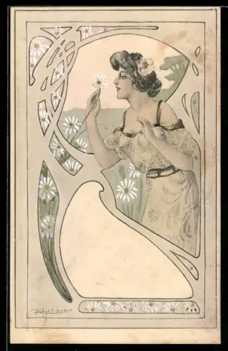 Künstler-AK sign. Jacques Debut: Anmutige Frau mit Margeriten