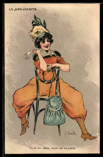 Künstler-AK sign. T. Sala: Frau mit Handtasche sitzt auf einem Stuhl