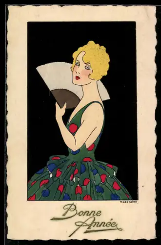 Künstler-AK sign. H. Castaing: Hübsche Frau im Halbprofil mit Fächer