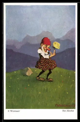 Künstler-AK F. Wiesbauer: Der Akrobat, der Zwerg im Kleid spielt mit einem Schmetterling auf der Almwiese