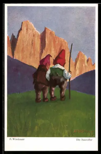 Künstler-AK sign. F. Wiesbauer: Die Ausreisser, Zwerge auf Wanderschaft
