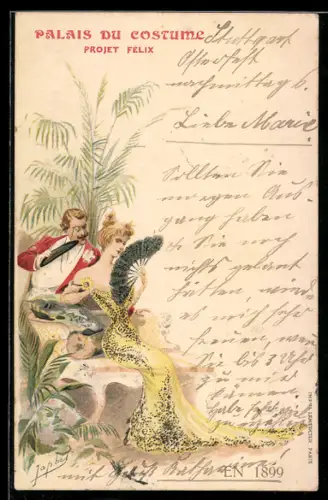 Künstler-AK sign. Japhet: Frau mit Fächer und Mann im festlichen Frack