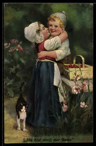 Künstler-AK sign. H. Susemihl: Ein kleines Mädchen küsst ihren kleinen Freund auf die Wange und die Katze schaut zu