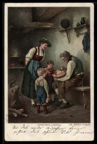Künstler-AK sign. Alb. Müller-Lingke: Grossvater mit einem neugeborenen Kind im Arm