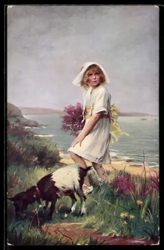 Künstler-AK Mädchen steht mit ihrer Ziege an der Smaragdküste