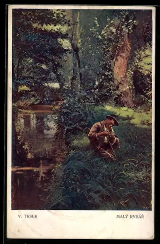 Künstler-AK sign. V. Trsek: Angler am Bachlauf
