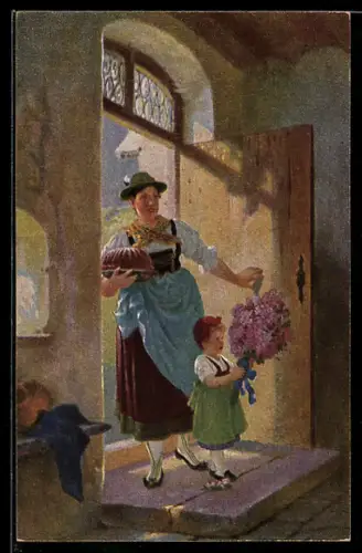 Künstler-AK sign. A. Liezen-Mayer: Frau und Tochter betreten ein Haus mit Kuchen und Blumen
