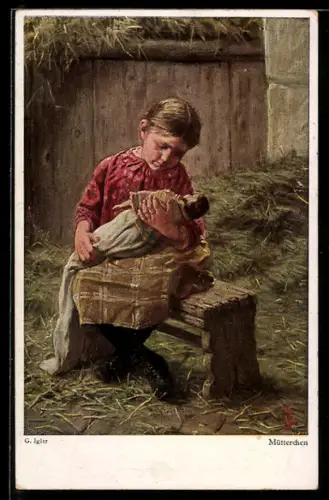 Künstler-AK G. Igler: Mütterchen, Mädchen mit Puppe