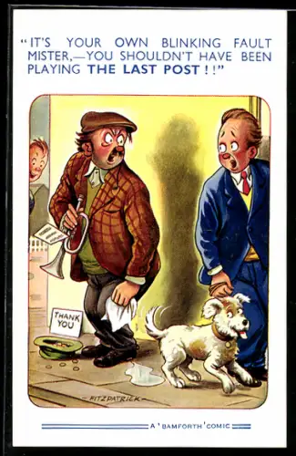 Künstler-AK sign. Fitzpatrick: Hund hat einem Strassenmusiker ans Bein uriniert