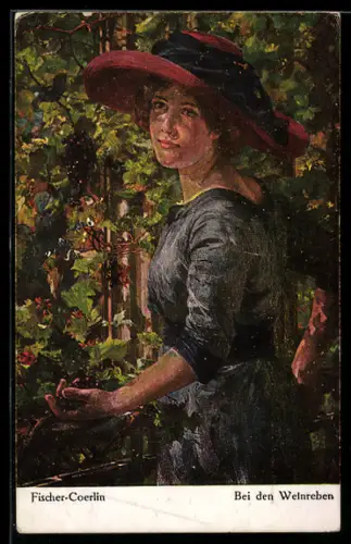 Künstler-AK sign. Fischer-Coerlin: Hübsche Frau mit Hut bei den Weinreben