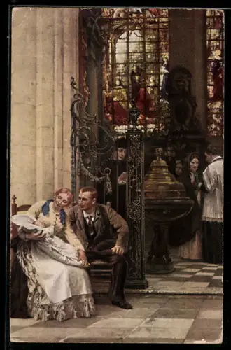 Künstler-AK Vogel: Nach der Taufe, Elternpaar mit getauftem Kind in der Kirche