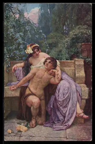 Künstler-AK Prof. Jos. Mandl: Liebestraum, Frau sitzt hinter dem nackten knienden Mann, Liebespaar