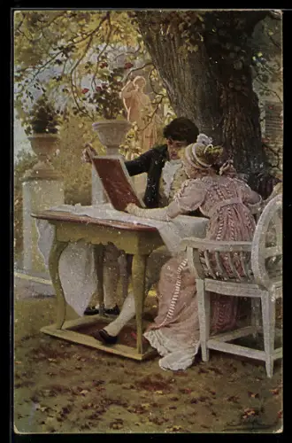 Künstler-AK sign. Franz Simm: Junges Paar unterm Lindenbaum
