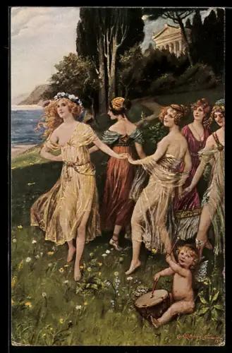 Künstler-AK sign. Carl Röhling: Frauen bei einem Frühlingsfest