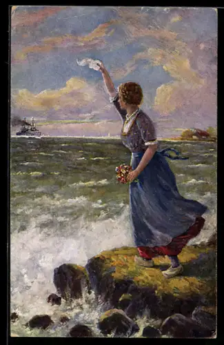 Künstler-AK sign. W. Riehl: Junge Frau winkt Schiff