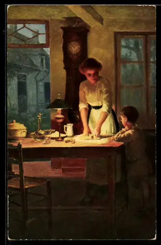 Künstler-AK sign. Marcel Rieder: Frau backt einen Geburtstagskuchen