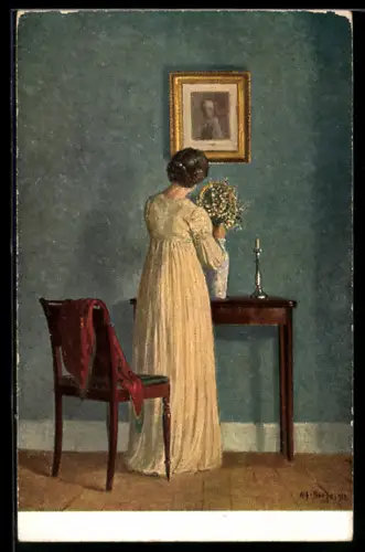 Künstler-AK sign. Alfred Broge: Rückenansicht von Frau mit Blumen