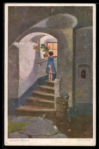 Künstler-AK sign. Robert Skala: Rückenansicht von Frau am Fenster